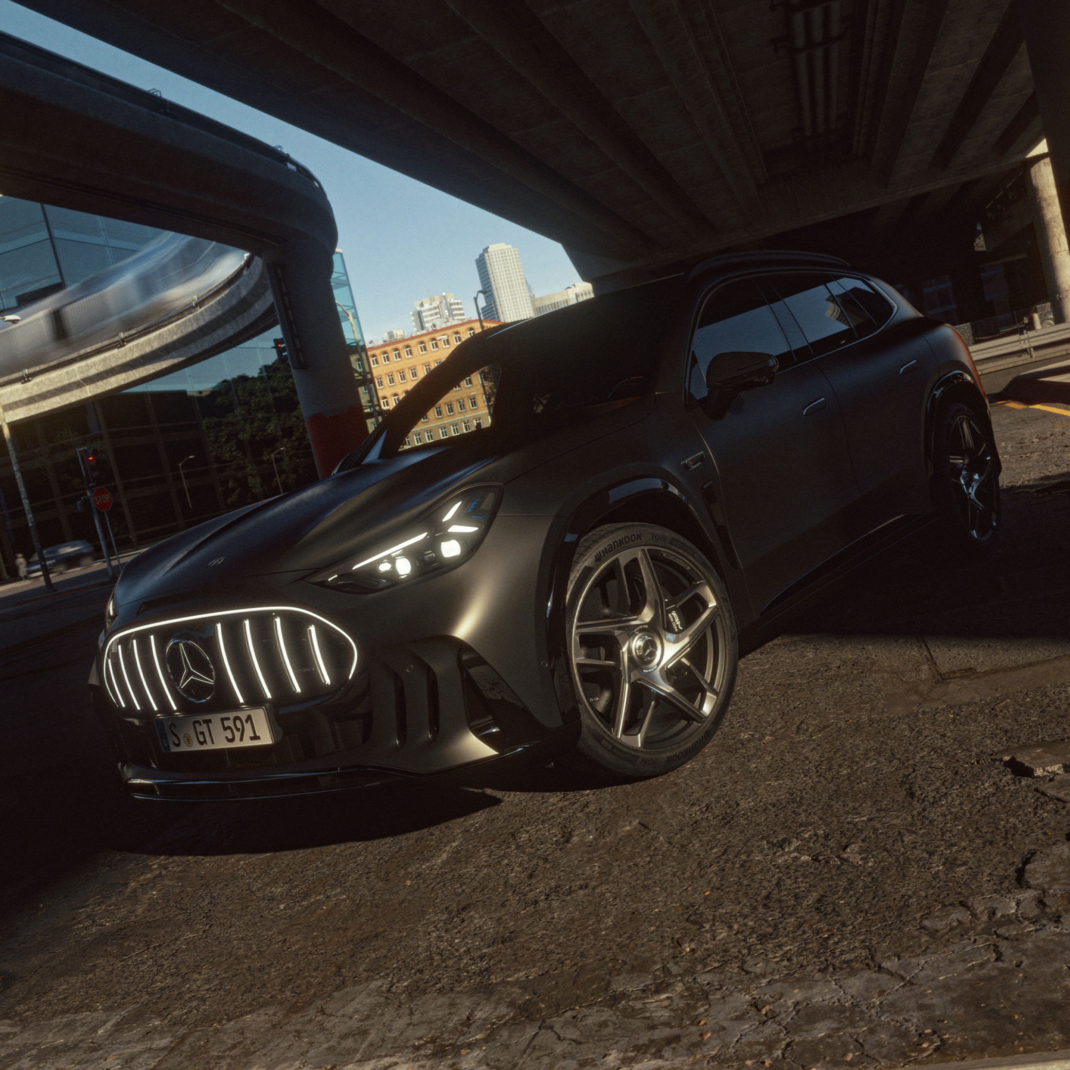 Front side view of the all-new Mercedes-AMG GT SUV.
